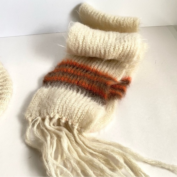 Vintage 60s Hat & Scarf Set Italian Knit Wool Mohair Winter Cream Orange Brown - Picture 9 of 14